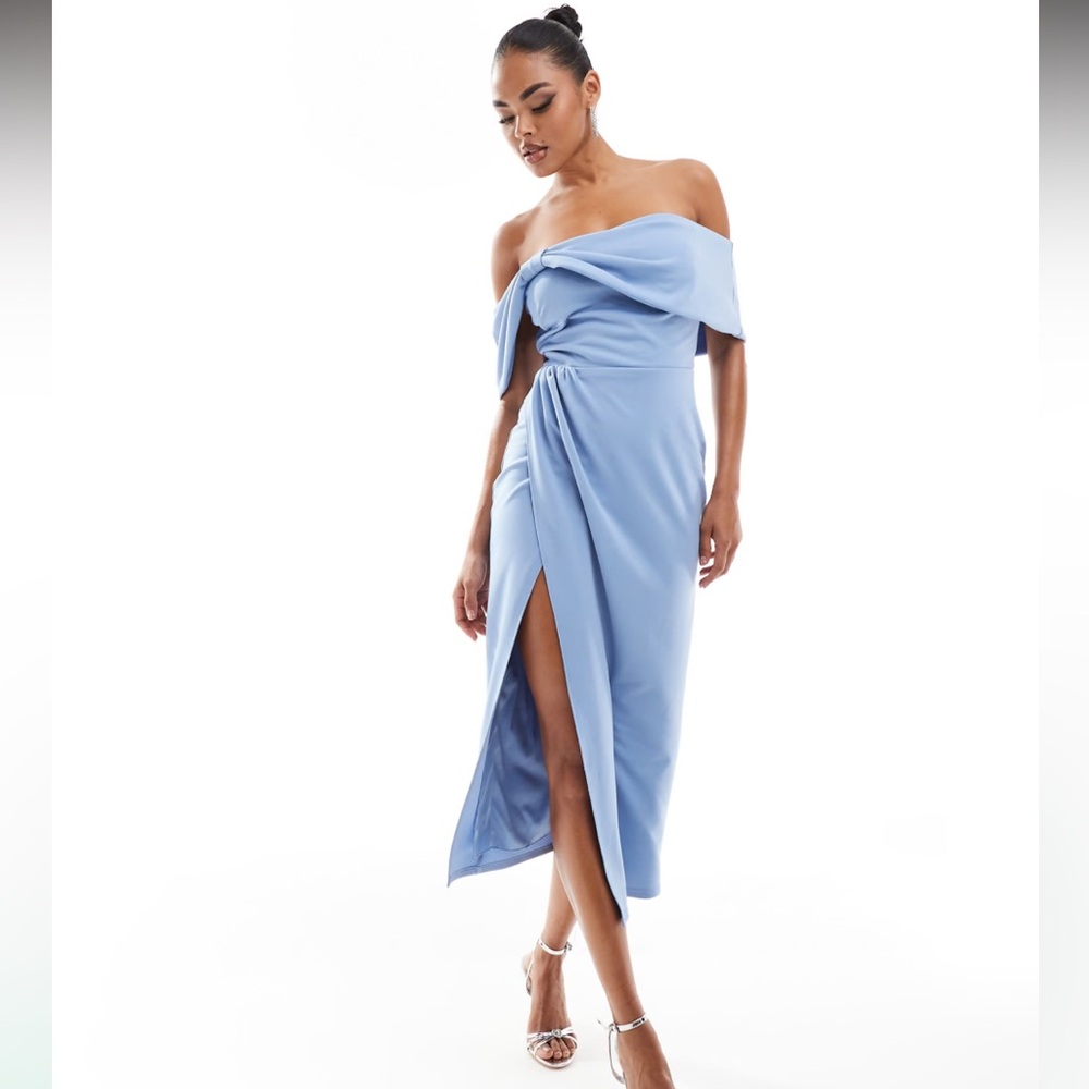 Bardot midi dress in dusky blue